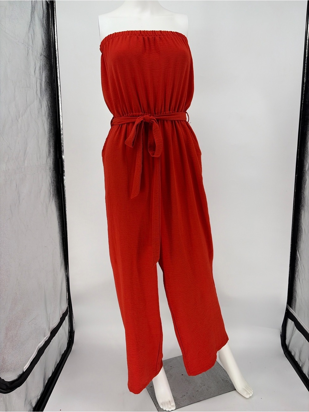 Women's Strapless Burnt Orange Jumpsuit with Belt